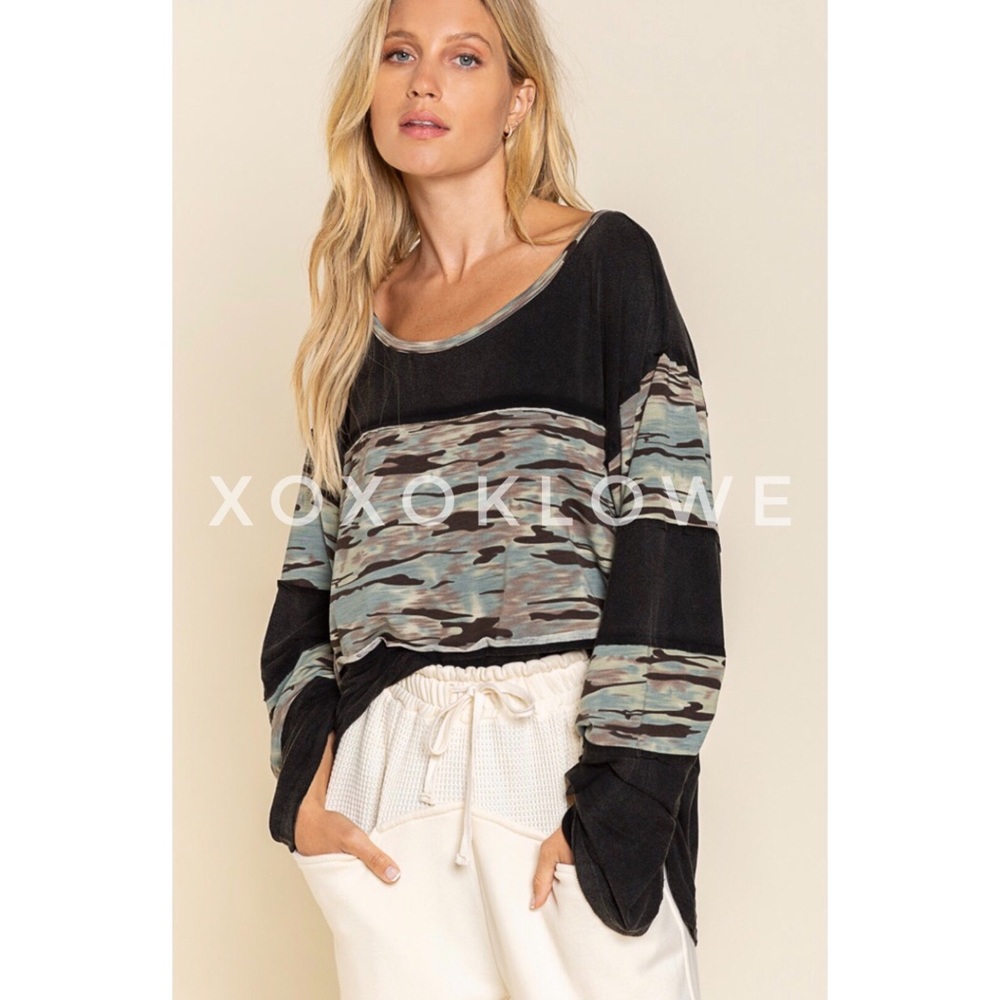 POL Long Sleeve Tee Camo Print Color Block Relaxed Fit Layering. Worn once.
